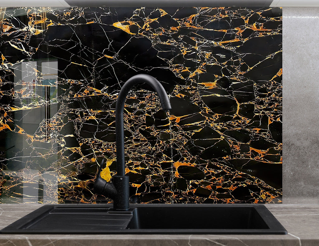 Black & Gold Marble - Glass Kitchen Backsplash-BacksplashArtworks