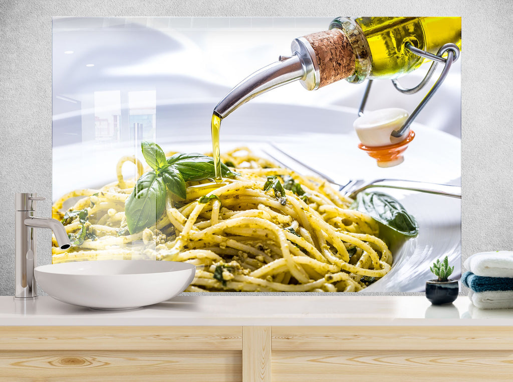 Olive Oil Glass Kitchen Backsplash – Italian Cuisine with Olive Oil Pouring-BacksplashArtworks