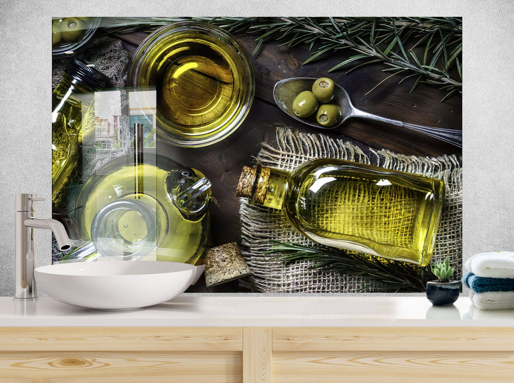 Olive Oil Glass Kitchen Backsplash – Rustic Olive Bottles & Fresh Herbs Design-BacksplashArtworks