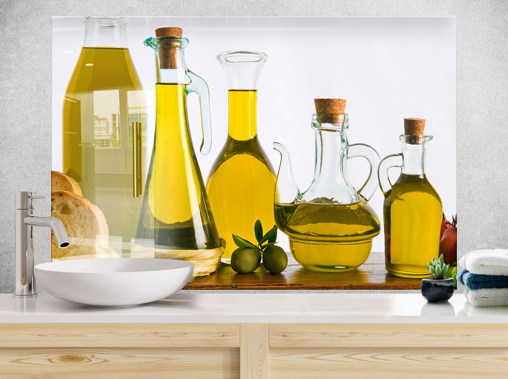 Olive Oil Glass Kitchen Backsplash – Rustic Olive Bottles with Bread Design-BacksplashArtworks