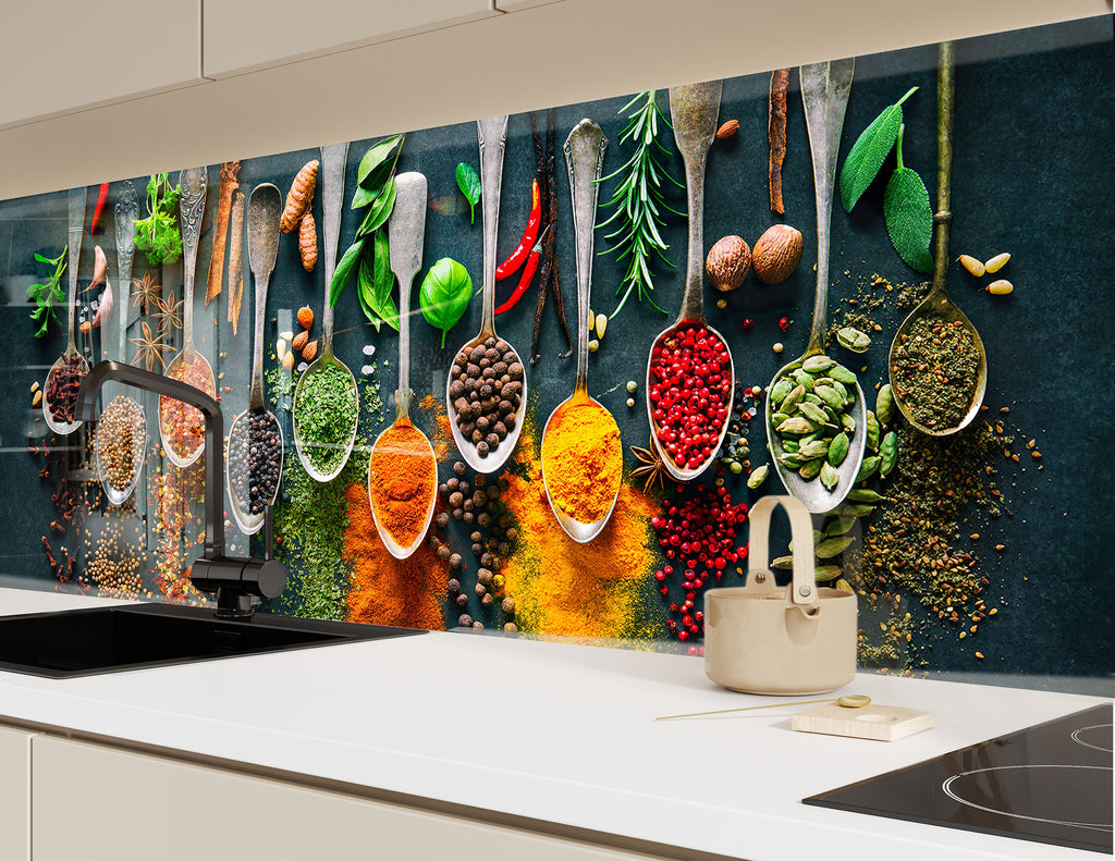 Herbal Spice Symphony - Glass Kitchen Backsplash-BacksplashArtworks