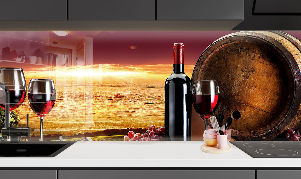 Rustic Wine & Sunset Glass Backsplash – Vineyard Barrel & Red Wine-BacksplashArtworks