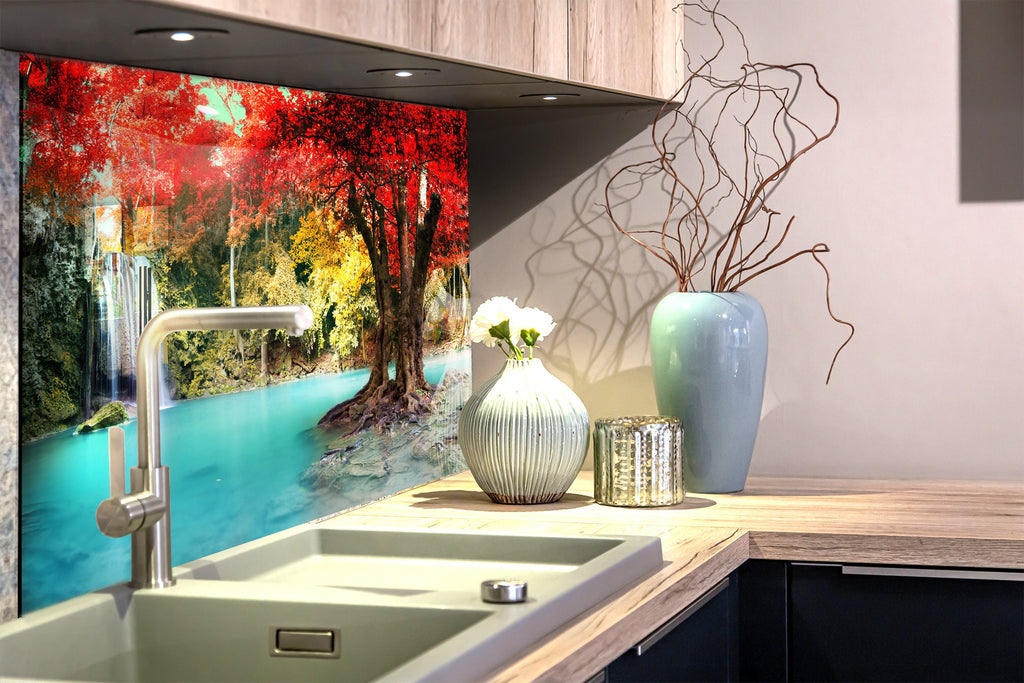 Autumn Waterfall Serenity - Glass Kitchen Backsplash-BacksplashArtworks