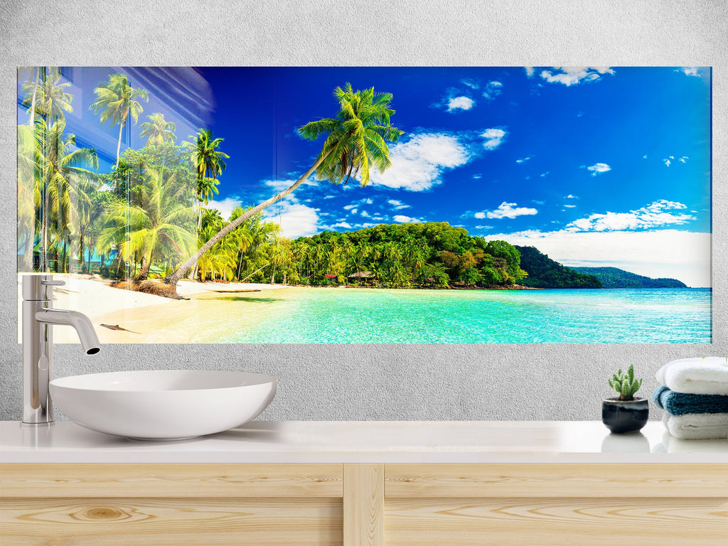 Tropical Paradise Beach Wall Art – Tempered Glass Bathroom Backsplash-BacksplashArtworks