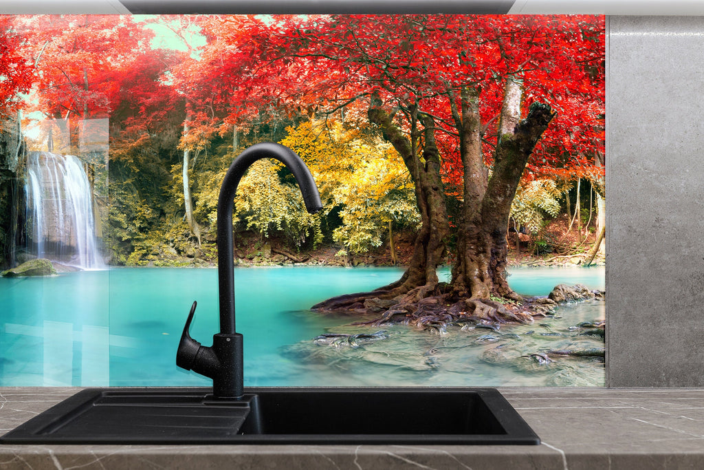 Autumn Waterfall Serenity - Glass Kitchen Backsplash-BacksplashArtworks