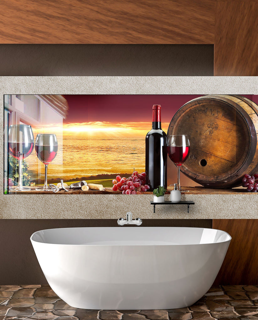 Rustic Wine & Sunset Glass Backsplash – Vineyard Barrel & Red Wine-BacksplashArtworks