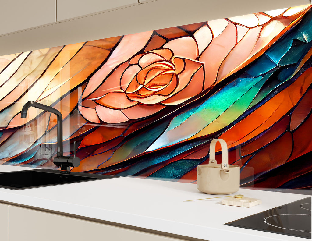 Elegant Rose Stained - Glass Kitchen Backsplash-BacksplashArtworks