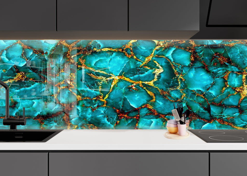 Turquoise & Gold Geode Design - Glass Bathroom Backsplash-BacksplashArtworks