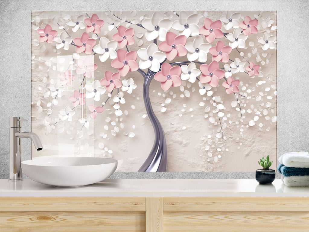 Pink Sakura Tree Tempered Glass Backsplash-BacksplashArtworks