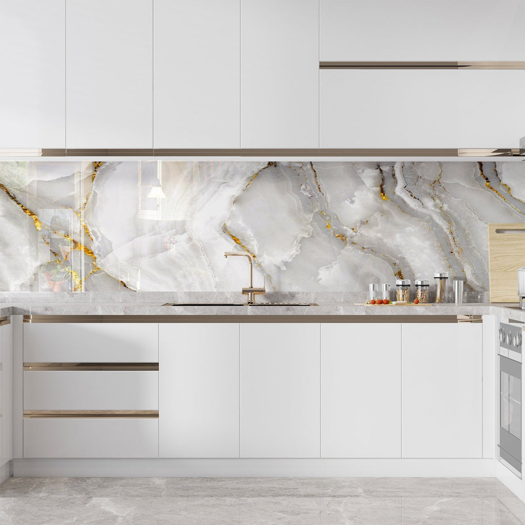 Elegant White Marble with Gold Veins - Glass Kitchen Backsplash-BacksplashArtworks