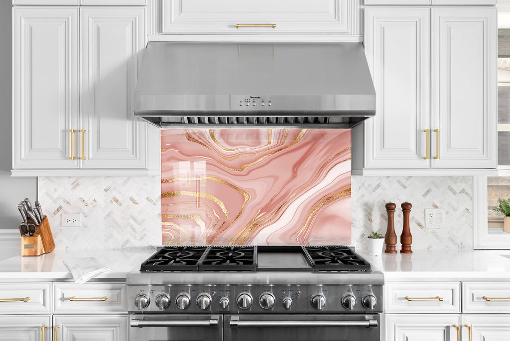 Pink Marble Elegance - Glass Kitchen Backsplash-BacksplashArtworks