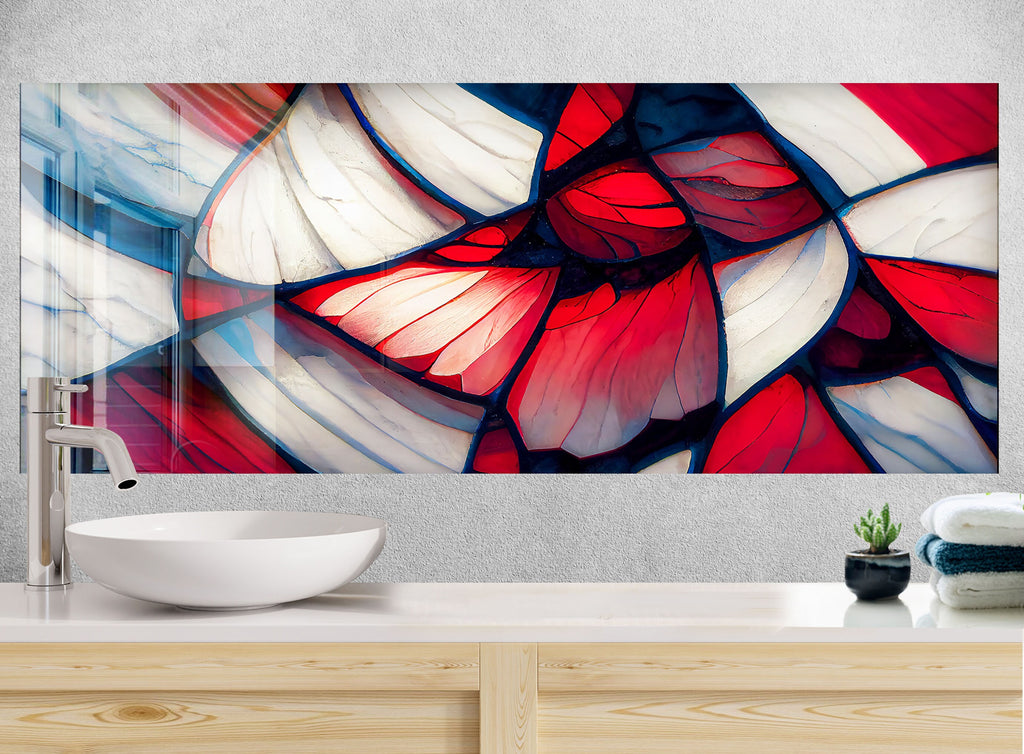 Elegant Red & White Stained - Glass Kitchen Backsplash-BacksplashArtworks