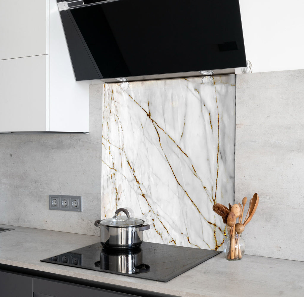 Elegant White and Gold Marble - Glass Kitchen Backsplash-BacksplashArtworks