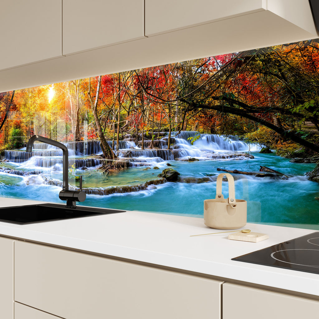 Enchanting Autumn Waterfall – Glass Kitchen Backsplash-BacksplashArtworks