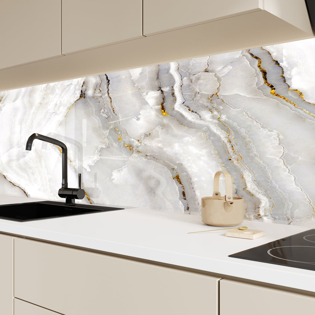 Elegant White Marble with Gold Veins - Glass Kitchen Backsplash-BacksplashArtworks