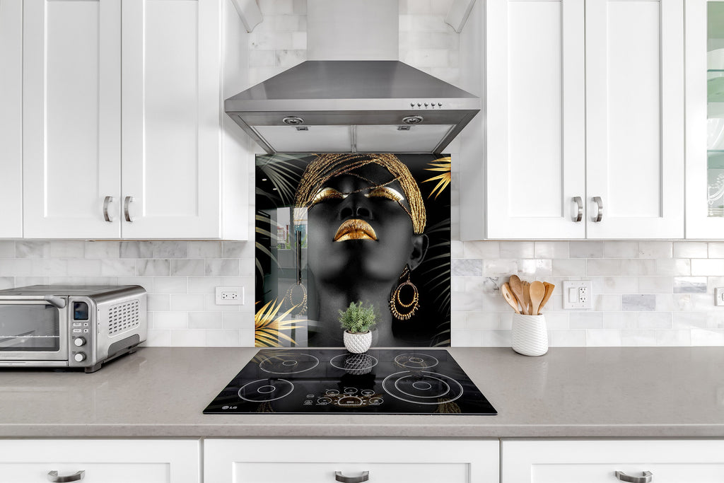 Luxury Black & Gold African Queen - Glass Kitchen Backsplash-BacksplashArtworks