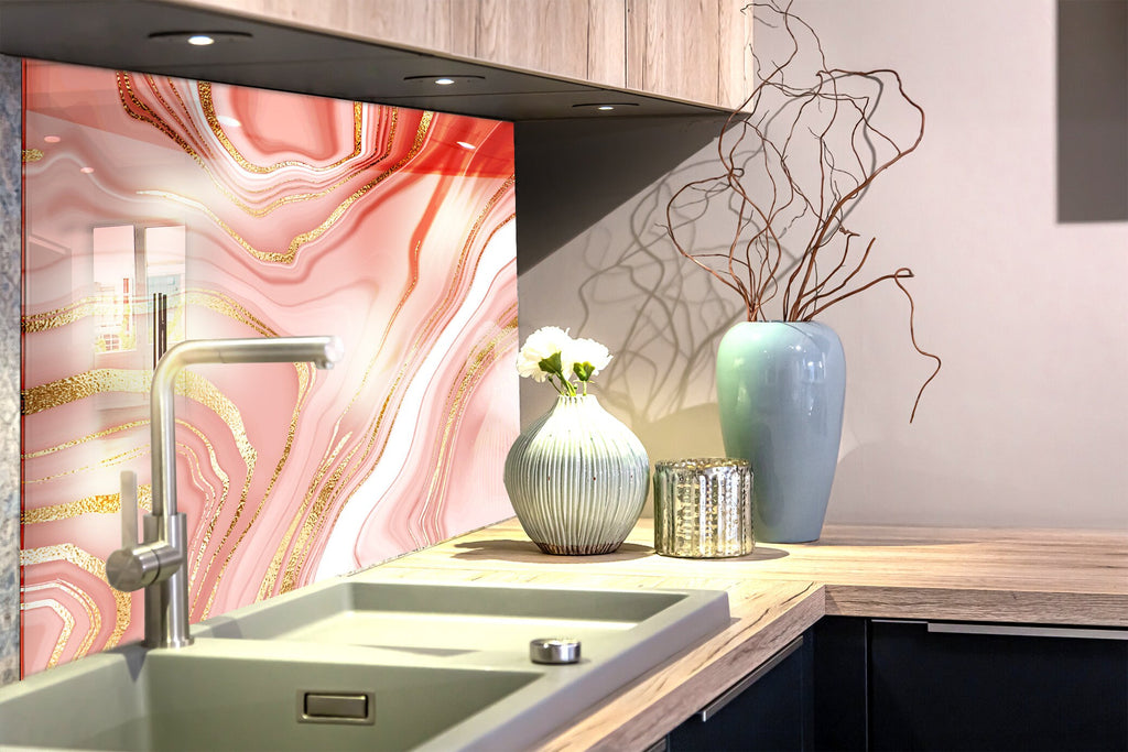 Pink Marble Elegance - Glass Kitchen Backsplash-BacksplashArtworks
