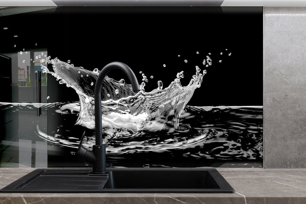 Black & White Water Splash - Glass Kitchen Backsplash-BacksplashArtworks