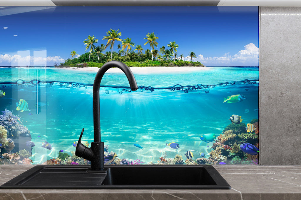 Tropical Island Ocean View Glass Kitchen Backsplash – Tranquil Paradise Design-BacksplashArtworks