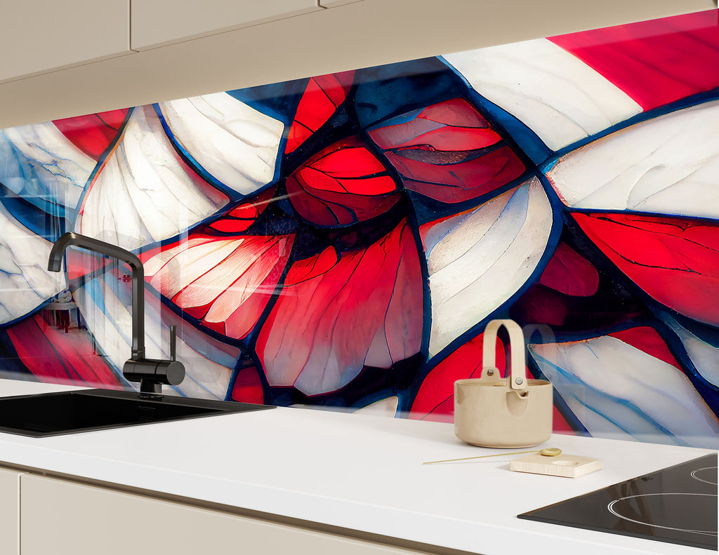 Elegant Red & White Stained - Glass Kitchen Backsplash-BacksplashArtworks
