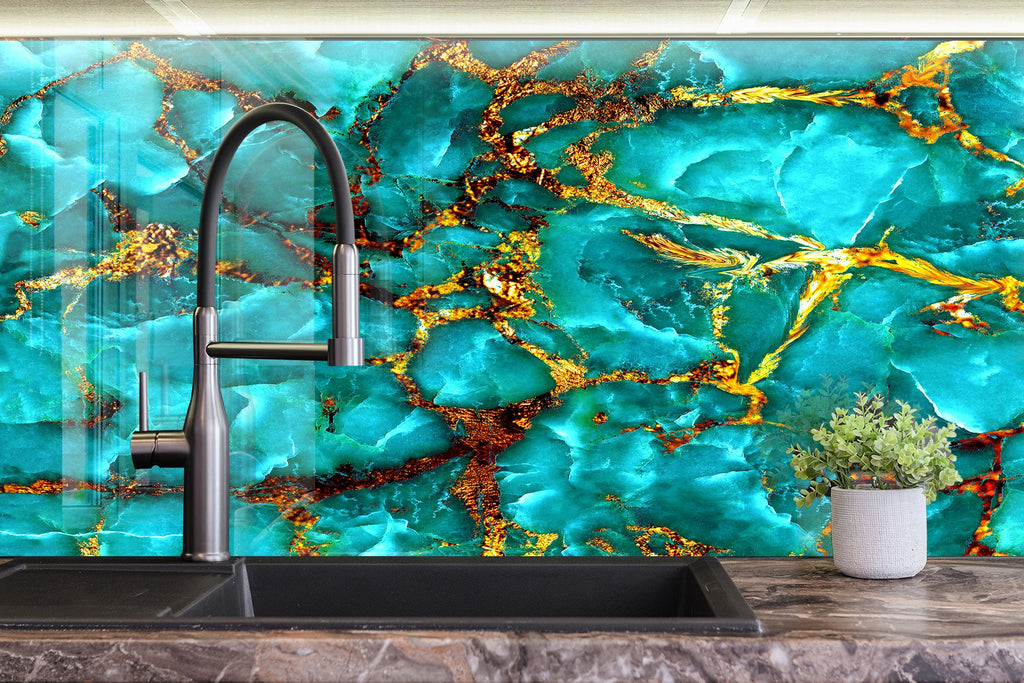 Turquoise & Gold Geode Design - Glass Bathroom Backsplash-BacksplashArtworks