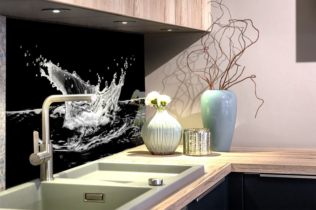 Black & White Water Splash - Glass Kitchen Backsplash-BacksplashArtworks