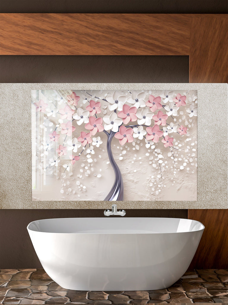 Pink Sakura Tree Tempered Glass Backsplash-BacksplashArtworks