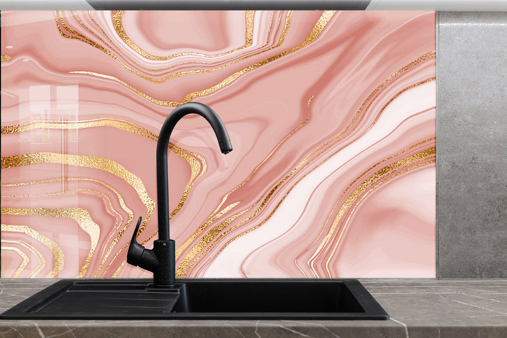 Pink Marble Elegance - Glass Kitchen Backsplash-BacksplashArtworks