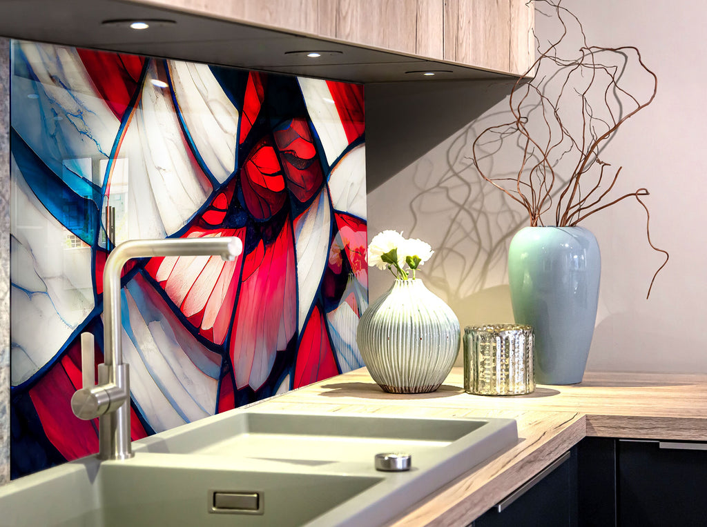 Elegant Red & White Stained - Glass Kitchen Backsplash-BacksplashArtworks
