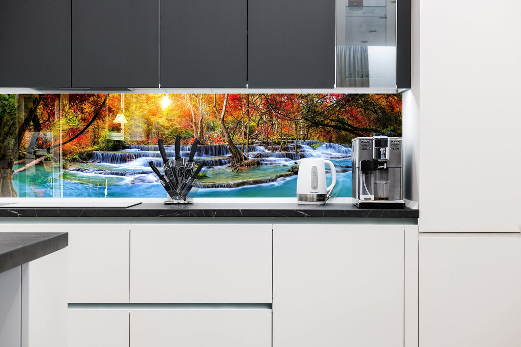 Enchanting Autumn Waterfall – Glass Kitchen Backsplash-BacksplashArtworks