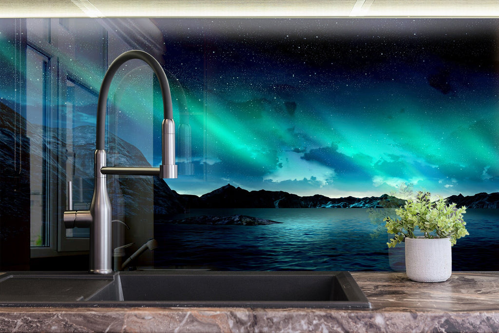 Northern Lights Glass Kitchen Backsplash – Magical Aurora Borealis Design-BacksplashArtworks