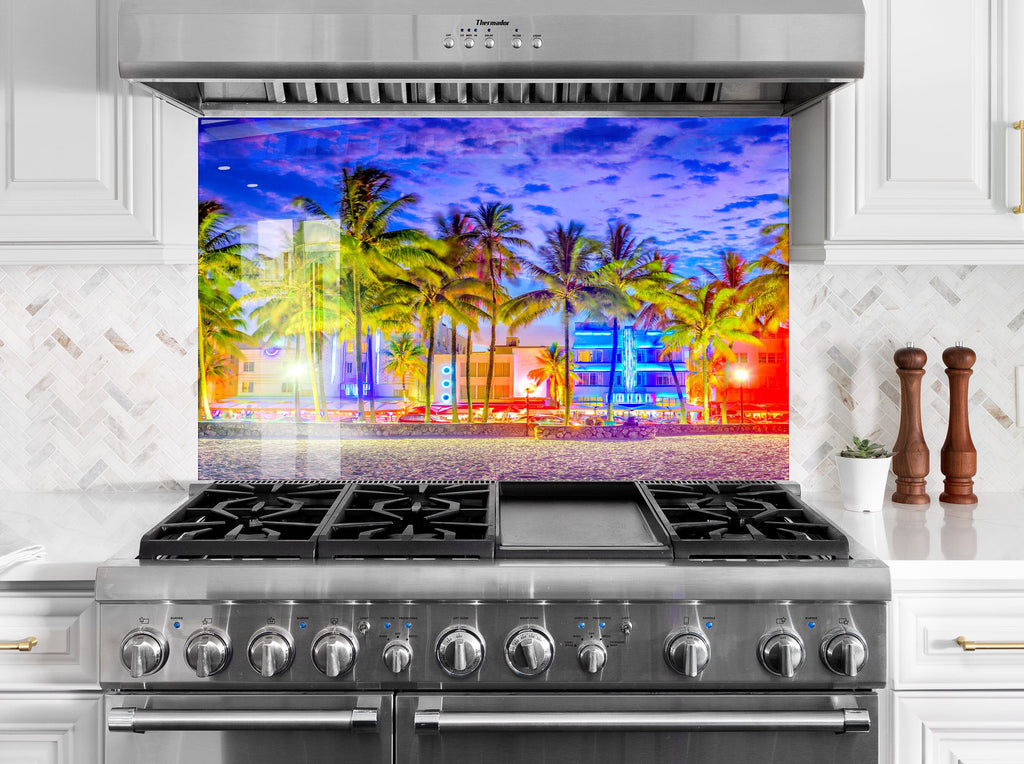 Miami Beach Neon Nights Wall Art – Glass Backsplash-BacksplashArtworks
