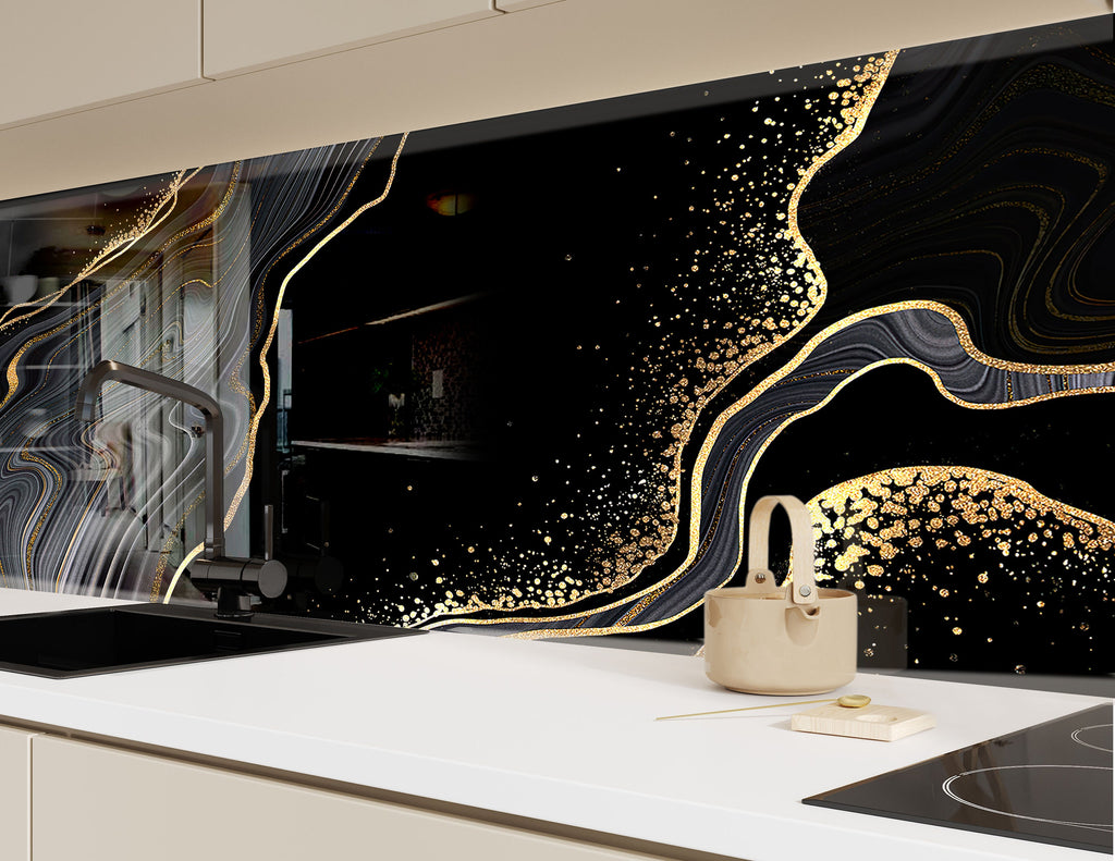 Golden Glow - Glass Bathroom Backsplash-BacksplashArtworks