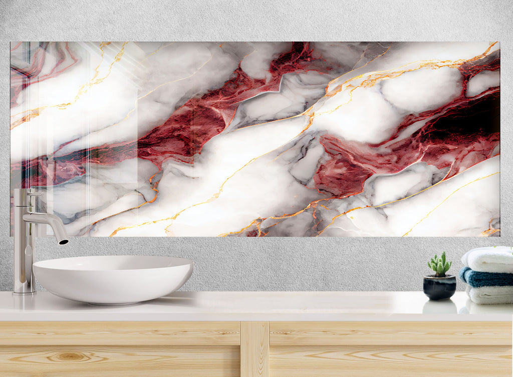 Red & White Marble with Gold Veins - Glass Kitchen Backsplash-BacksplashArtworks
