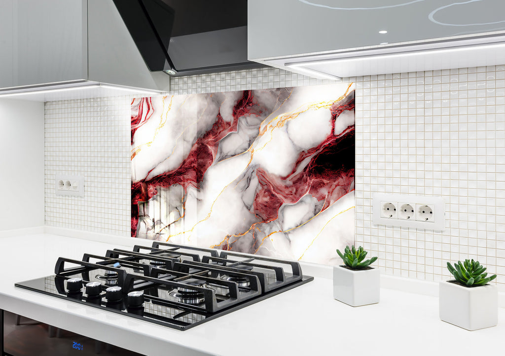 Red & White Marble with Gold Veins - Glass Kitchen Backsplash-BacksplashArtworks
