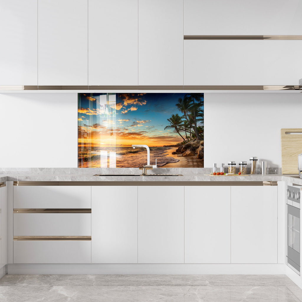 Golden Sunset Beach Glass Backsplash – Tranquil Ocean View-BacksplashArtworks