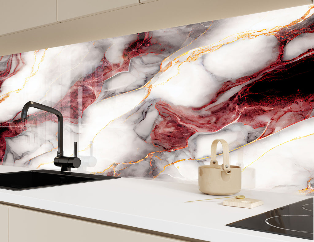 Red & White Marble with Gold Veins - Glass Kitchen Backsplash-BacksplashArtworks