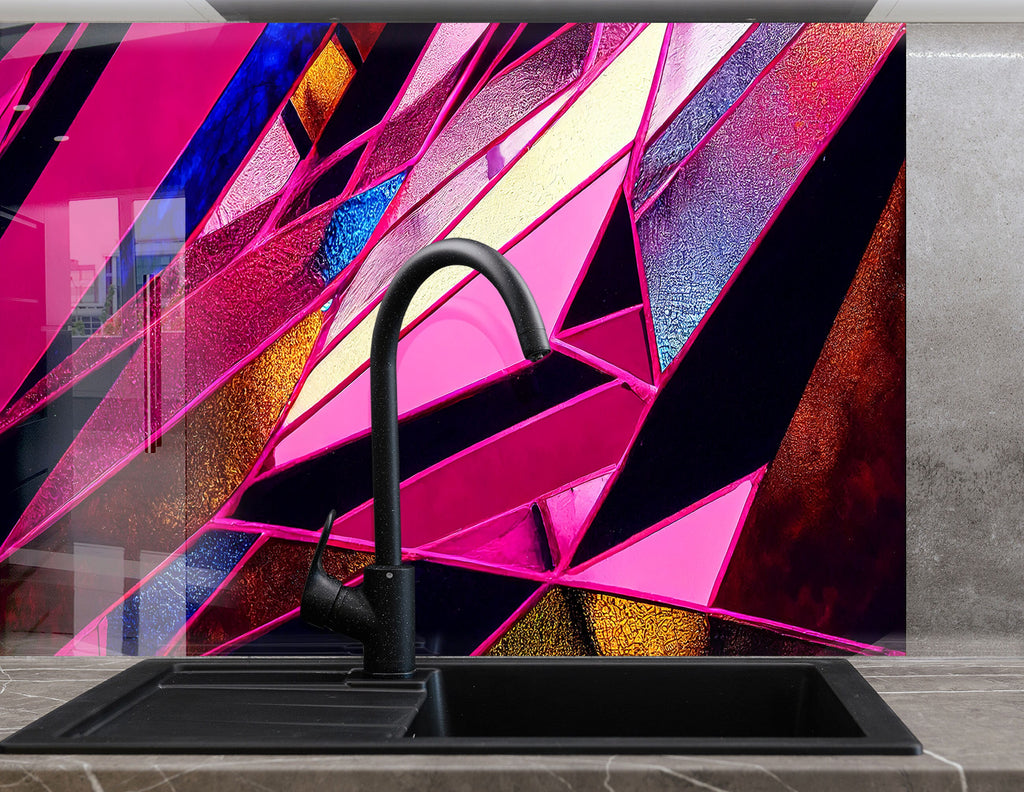 Pink & Gold Geometric - Glass Kitchen Backsplash-BacksplashArtworks