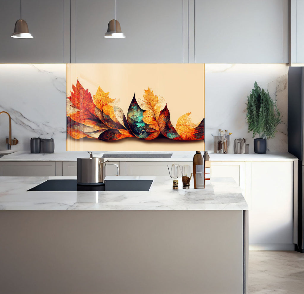 a kitchen with a marble counter top and a painting on the wall