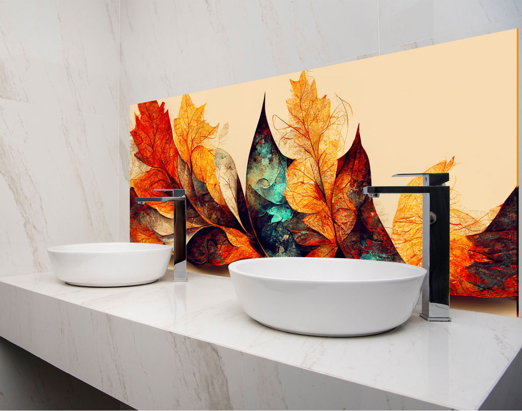 a bathroom with two sinks and a painting on the wall