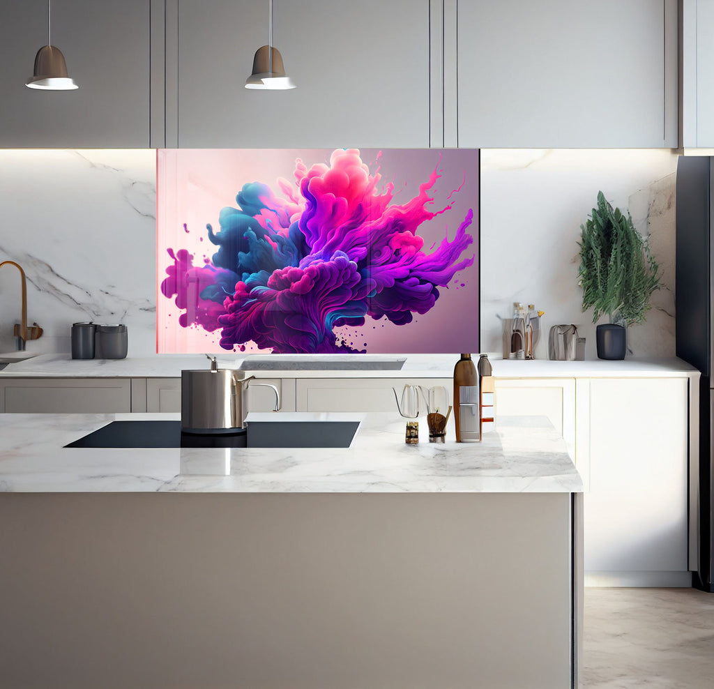a kitchen with a large television on the wall
