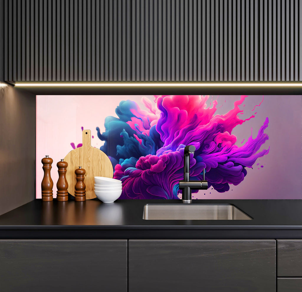 a kitchen with a sink and a painting on the wall