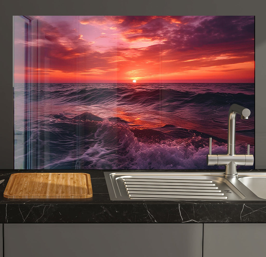 Crimson Ocean Sunset – Glass Kitchen Backsplash-BacksplashArtworks