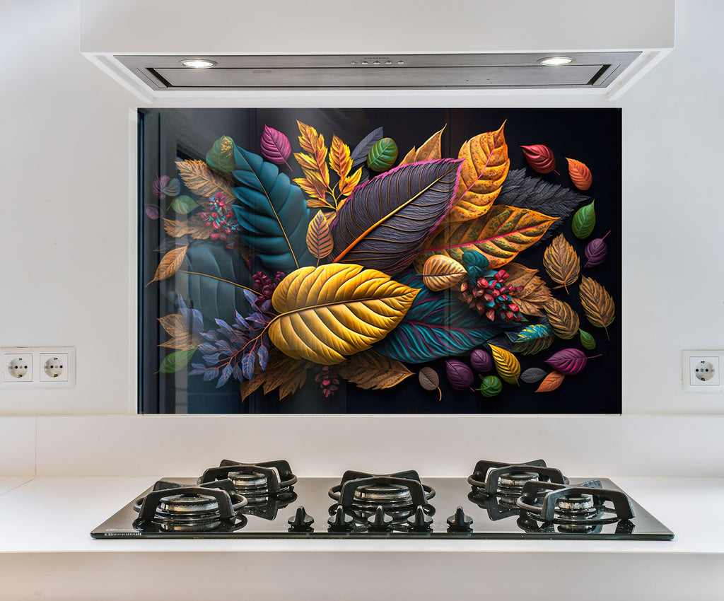a painting of leaves on a wall above a stove