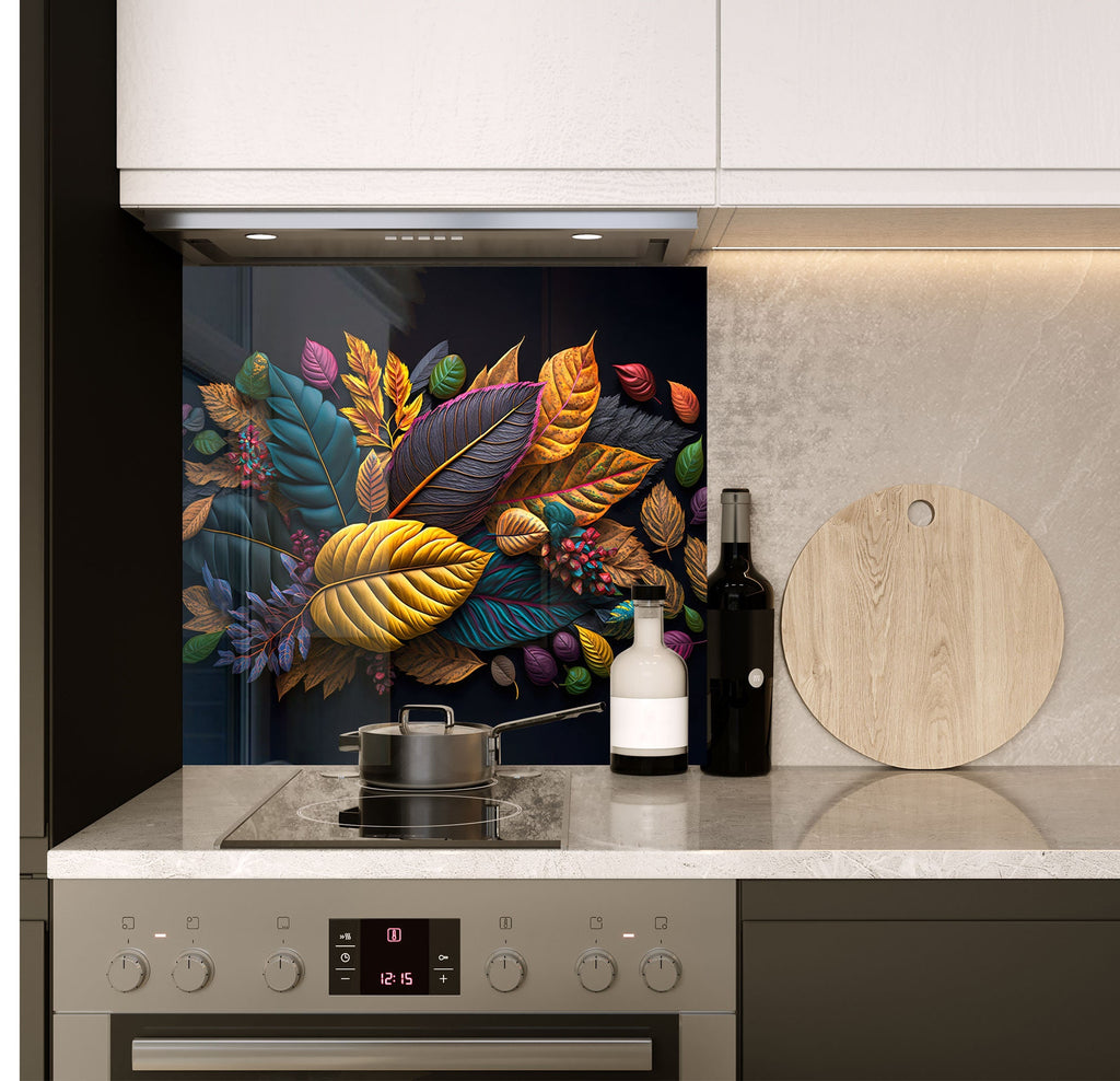 a stove top oven sitting under a painting on a wall