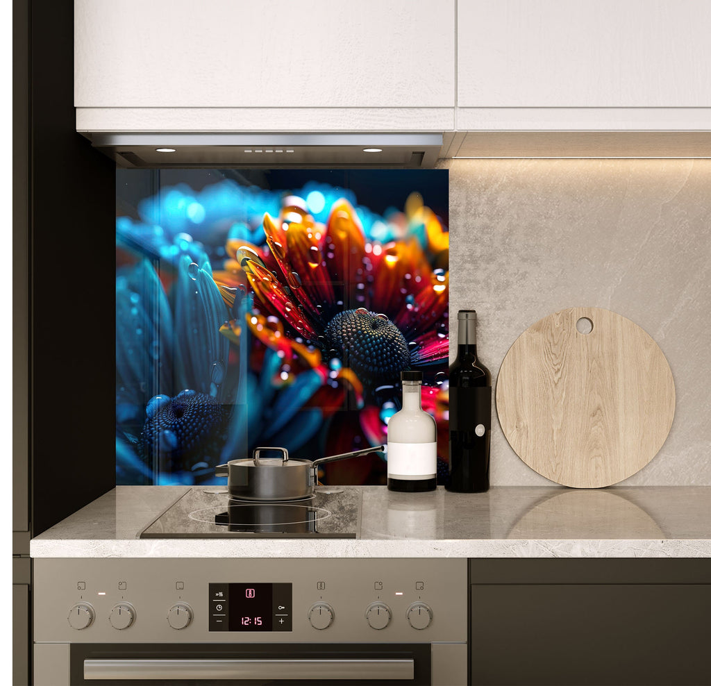 a picture of a flower on a wall behind a stove