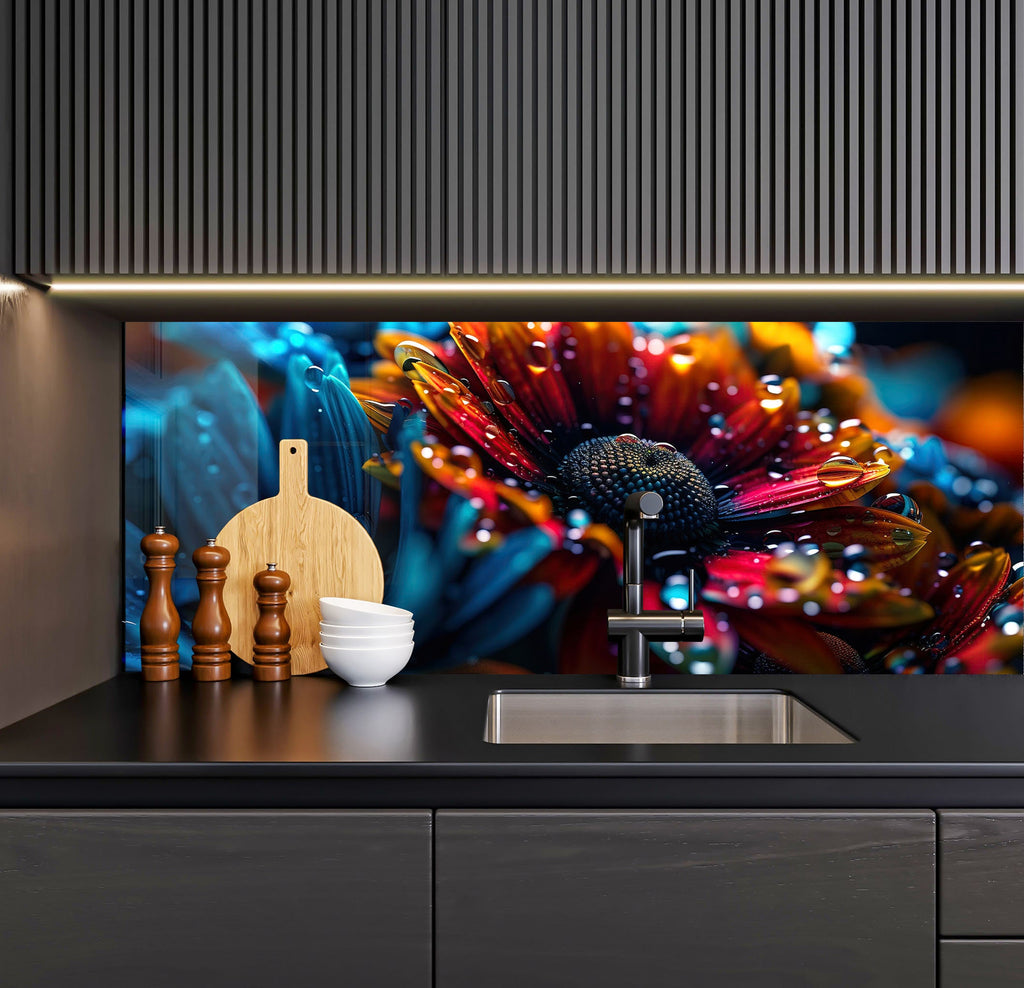 a kitchen with a sink and a large picture on the wall