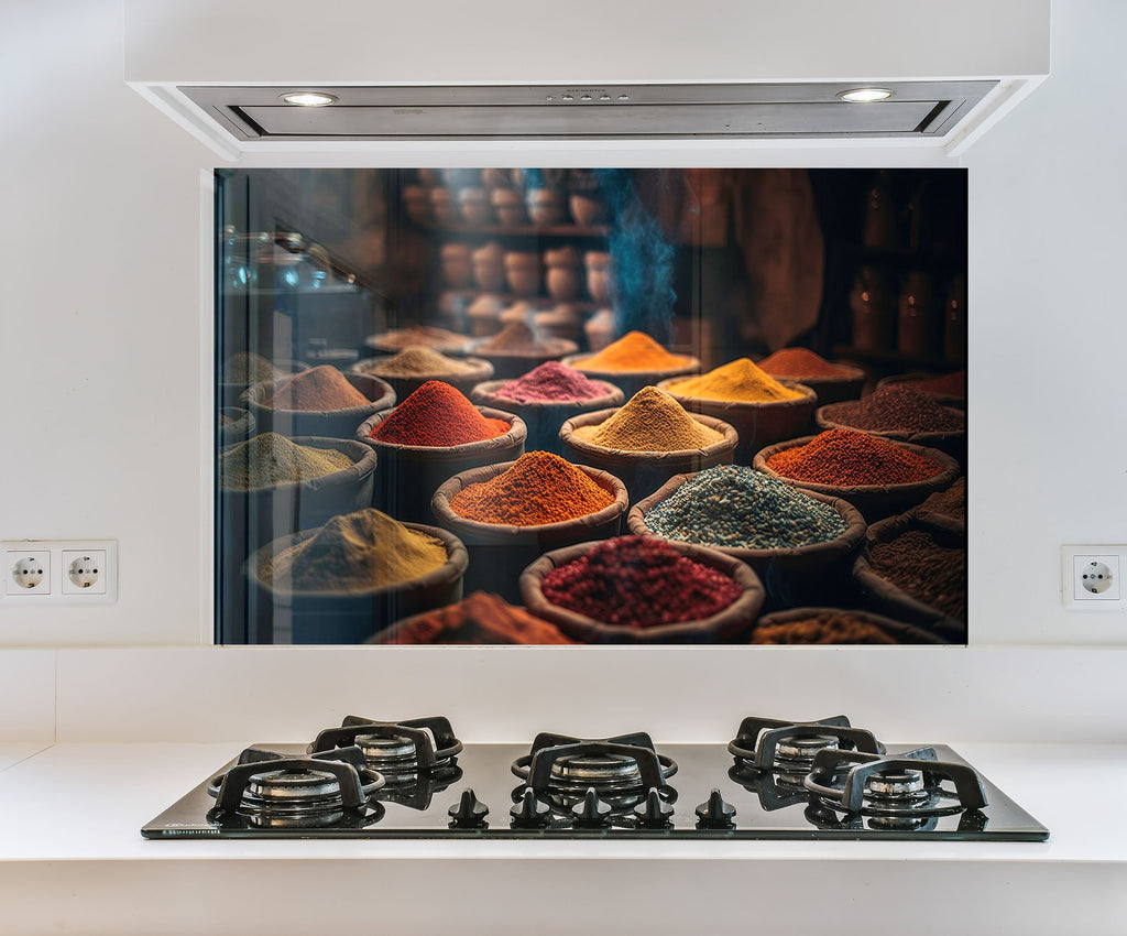 a picture of spices on a stove in a kitchen
