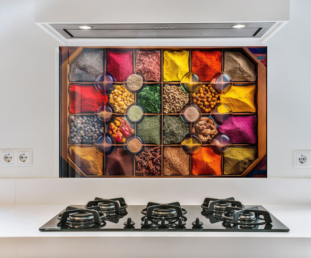 a picture of a colorful kitchen with a stove top
