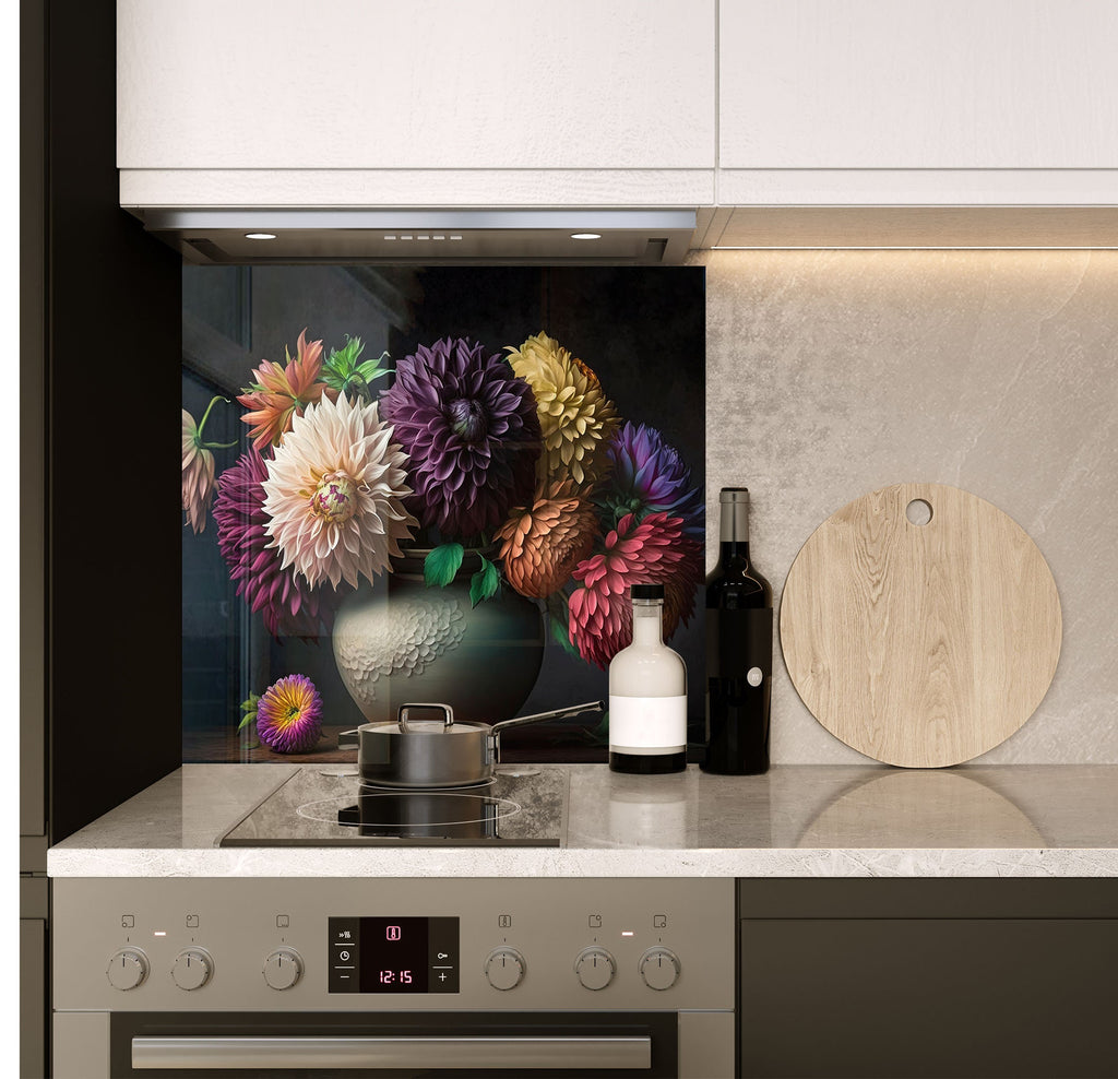 a kitchen counter with a vase of flowers on it